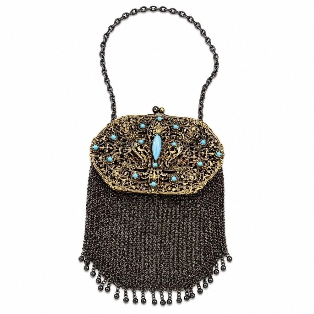 Antique Art Nouveau Mesh Purse Gilt Filigree Turquoise Cabochon Chatelaine Bag